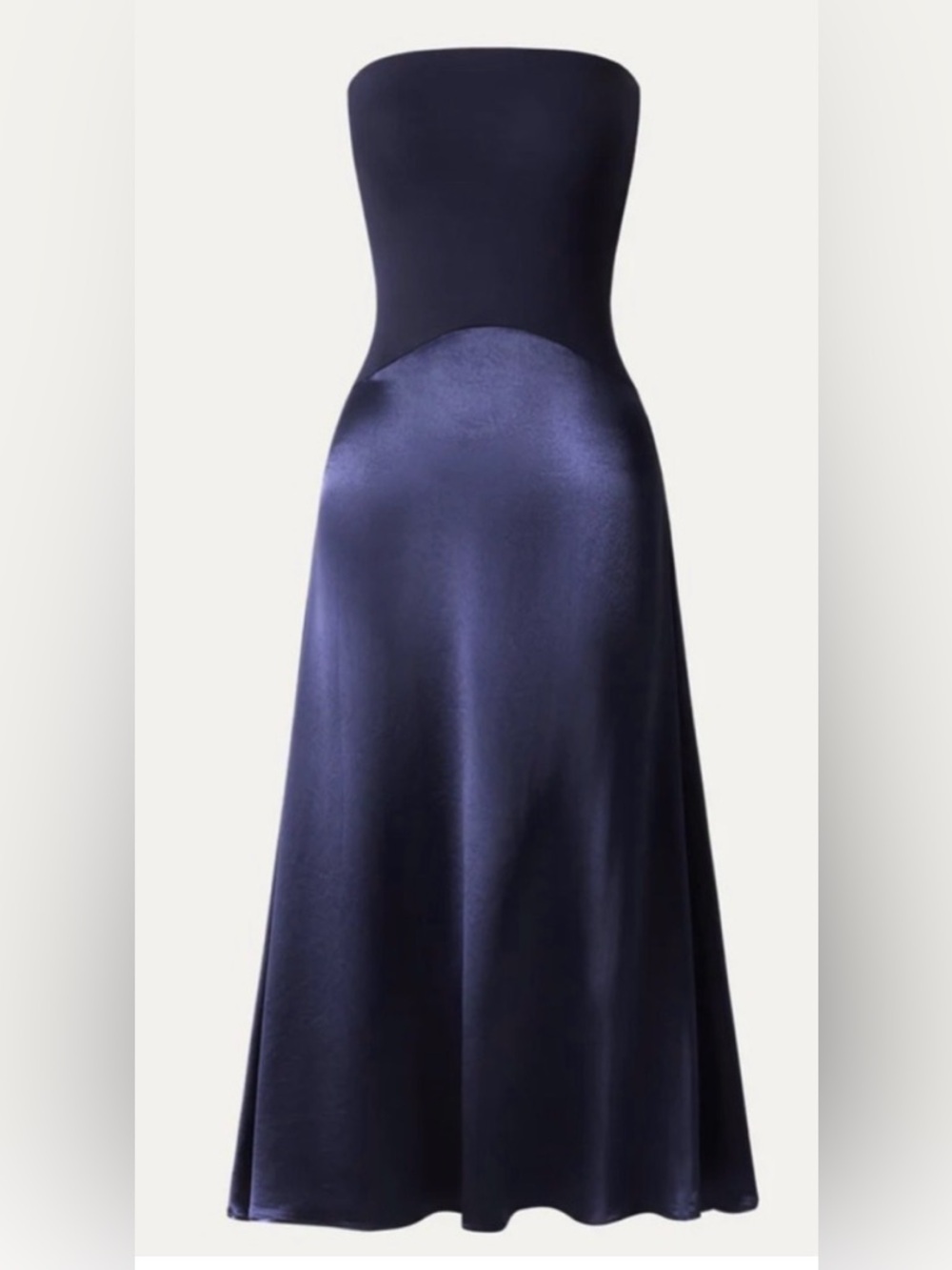NWT OGL Strapless Navy Satin Midi Dress in Size Small